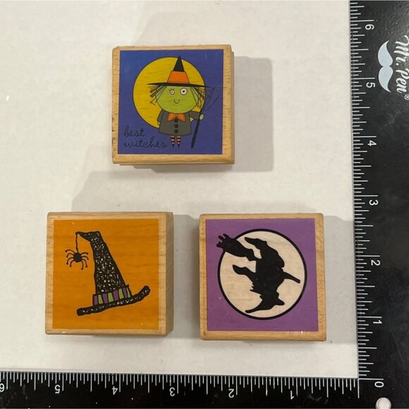 Halloween Rubber Stamp Set Witch Theme HAt Broom Spider Doodle Me Pink - Picture 1 of 4
